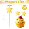100 Pcs Star Cupcake Toppers, Star Cake Decorations, Gold Star Cake Topper, Cute Star Cupcake Topper Sticks for Birthday Parties Weddings Engagements Wedding Anniversaries,Gold view 2