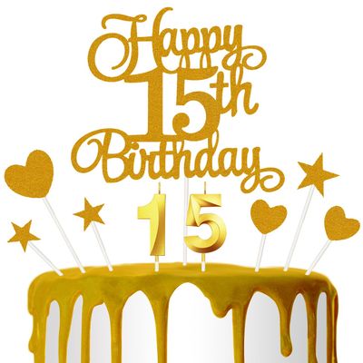15th Birthday Cake Decoration, 15th Birthday Candle Golden Number Candle Happy Cake Toppers Anniversary Party Celebration Dessert Decoration
