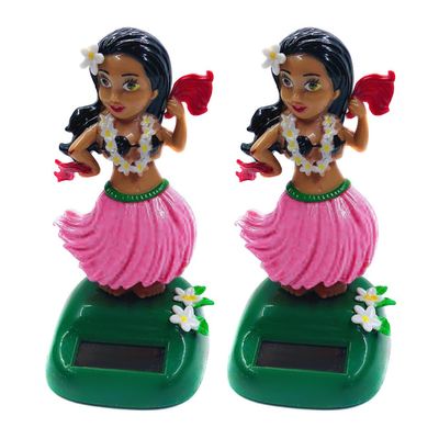 2Pcs Solar Bobble Head Figures Car Ornaments Hawaiian Solar Powered Toys Hula Girl Figure Statue for Car Office Desk Home Decor