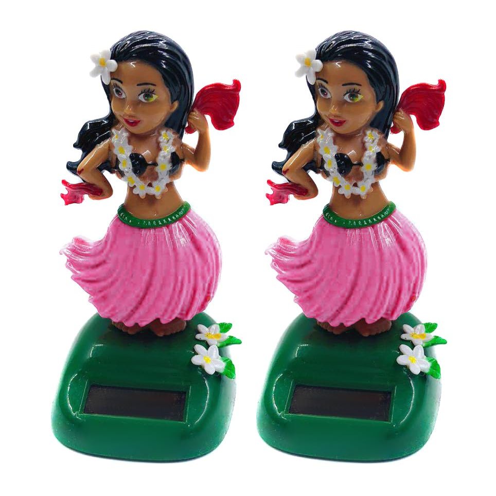 2Pcs Solar Bobble Head Figures Car Ornaments Hawaiian Solar Powered Toys Hula Girl Figure Statue for Car Office Desk Home Decor