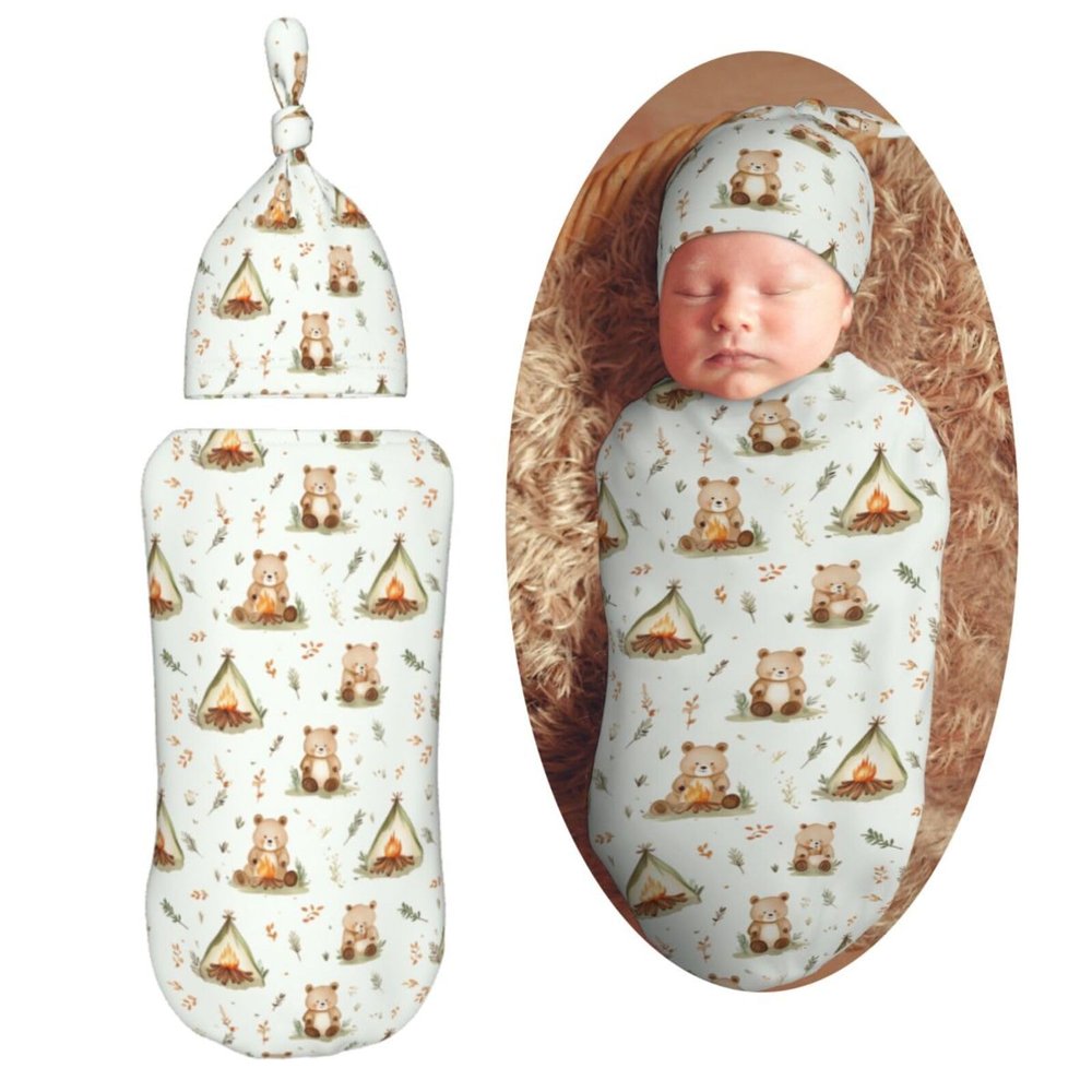 Muishi Cute Bears and Forest Newborn Swaddle Blankets Hat Sets Soft Baby Receiving Blanket Swaddle Sack for Baby Shower Infant Boy Girl Gift