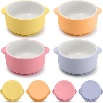Domensi 4 Sets Kids Porcelain Bowls with Suction Sleeves Toddler Suction Bowl Upgrade Durable Microwave Dishwasher Safe Cereal Soup Snack Dishes for Baby Children Feeding Supplies (Bright Colors)