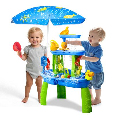AuntyFey Water Table for Toddlers 1-3-5, Toddler Sand Table, Kids Water Table with Umbrella for Outside Kids Ages 4-8, Bright Blue