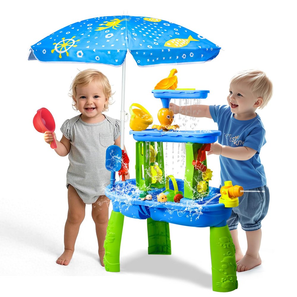 AuntyFey Water Table for Toddlers 1-3-5, Toddler Sand Table, Kids Water Table with Umbrella for Outside Kids Ages 4-8, Bright Blue
