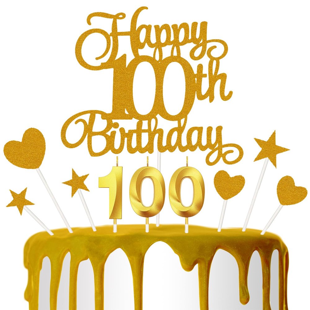 100th Birthday Cake Decoration, 100th Birthday Candle Golden Number Candle Happy Cake Toppers Anniversary Party Celebration Dessert Decoration