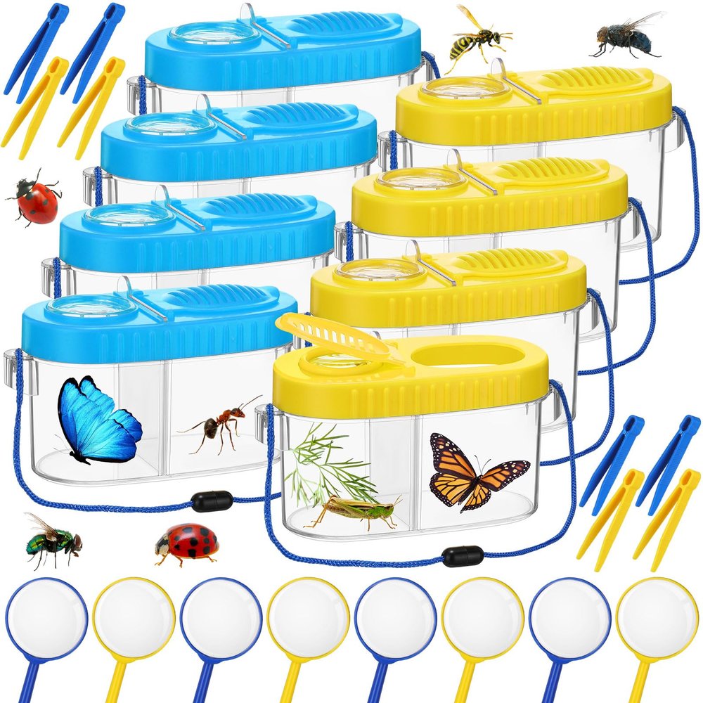 Halloscume 8 Pack Bug Catcher Kit Outdoor Toy Gift for Kids with Bug Containers Magnifying Glass Tweezers Collection Kit Kid Outdoor Explorer(Yellow, Blue)