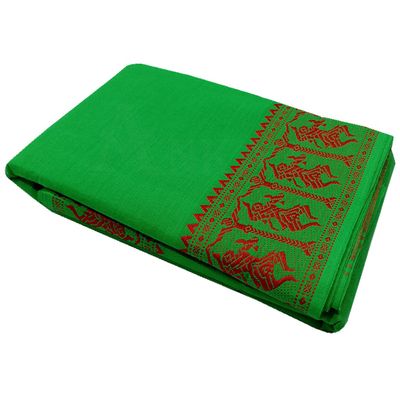 Samyuktha Handmade Bharatanatyam & Kuchipudi Dance Practice Cotton Saree (Green With Red Colour Extra Doll Border)