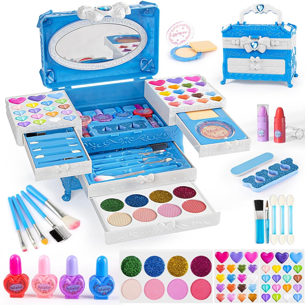 GORISPI Kids Makeup Sets for Girls, 66pcs Real Cosmetic for Kids Toys with Mirror, Princess Washable Girls Makeup Kit, Non-Toxic & Safe Brithday Gifts for 3 4 5 6 7 8 10 - 12 Years OldBlue
