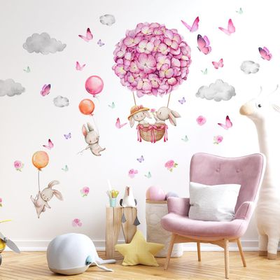 Flower Balloon Wall Decals Butterflies Rabbit Wall Stickers Baby Nursery Kids Bedroom Living Room Wall Dco