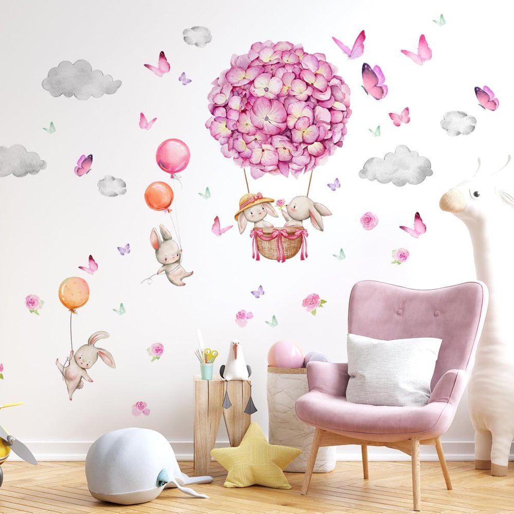 Flower Balloon Wall Decals Butterflies Rabbit Wall Stickers Baby Nursery Kids Bedroom Living Room Wall Dco