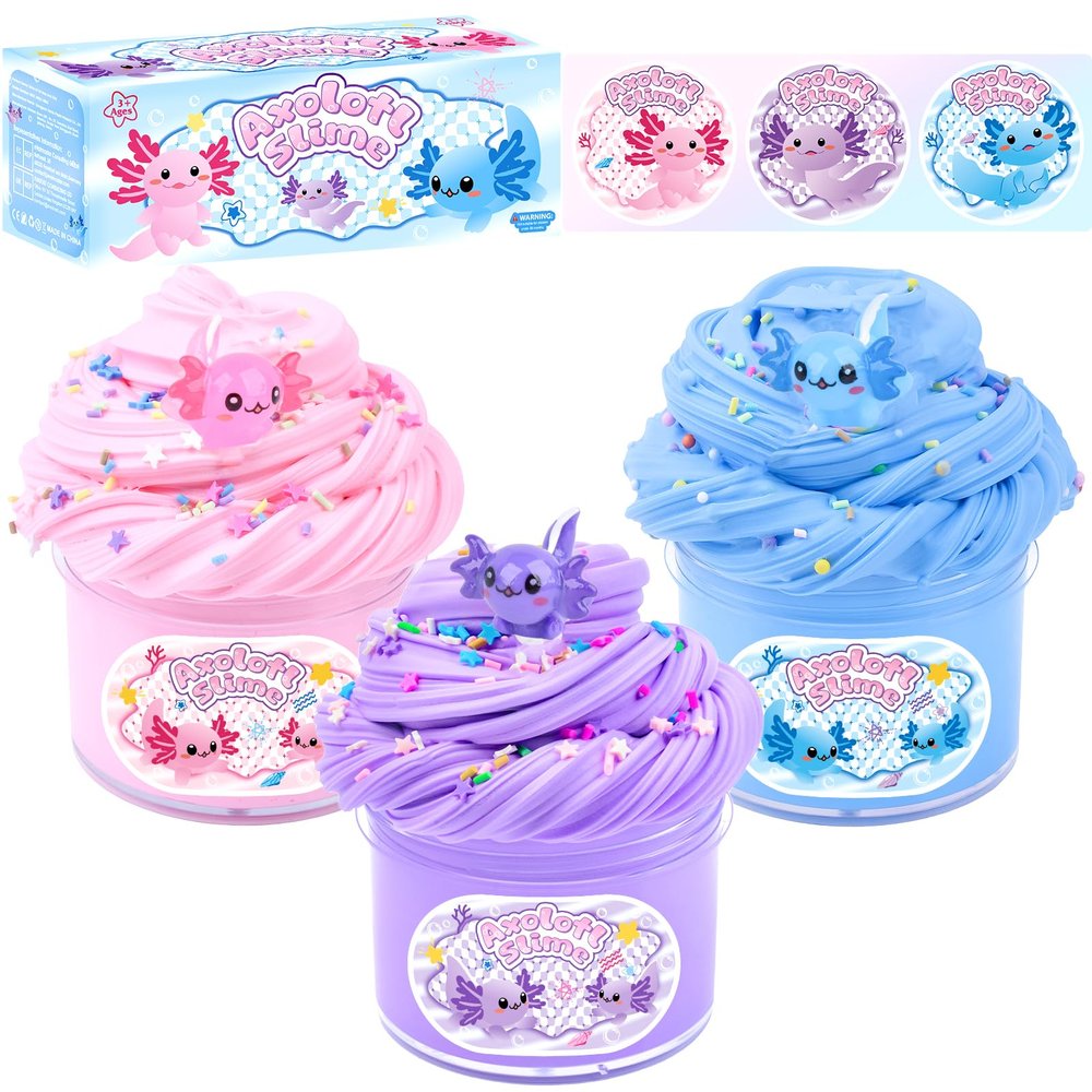 3 Pack Axolotl Butter Slime, Slime Kit with Pink, Blue, Purple Axolotl Charms, Soft and Stretchy, Slime Party Favor for Girls & Boys, Classroom Rewards, Birthday Gifts for Kids