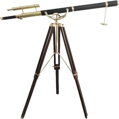 Adjustable Tripod Floor Standing Telescope Vintage Double Barrel Black Leather Shiny Brass Finish Leather Covered Tube