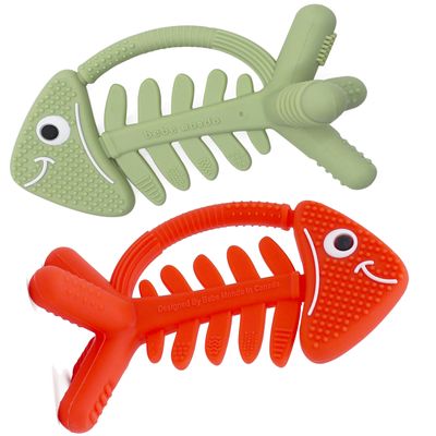 2PCS Baby Teething Toys, Fish Baby Teether Olive & Coral Babies 0-3-6-12-18 Months-USA Patent Pending