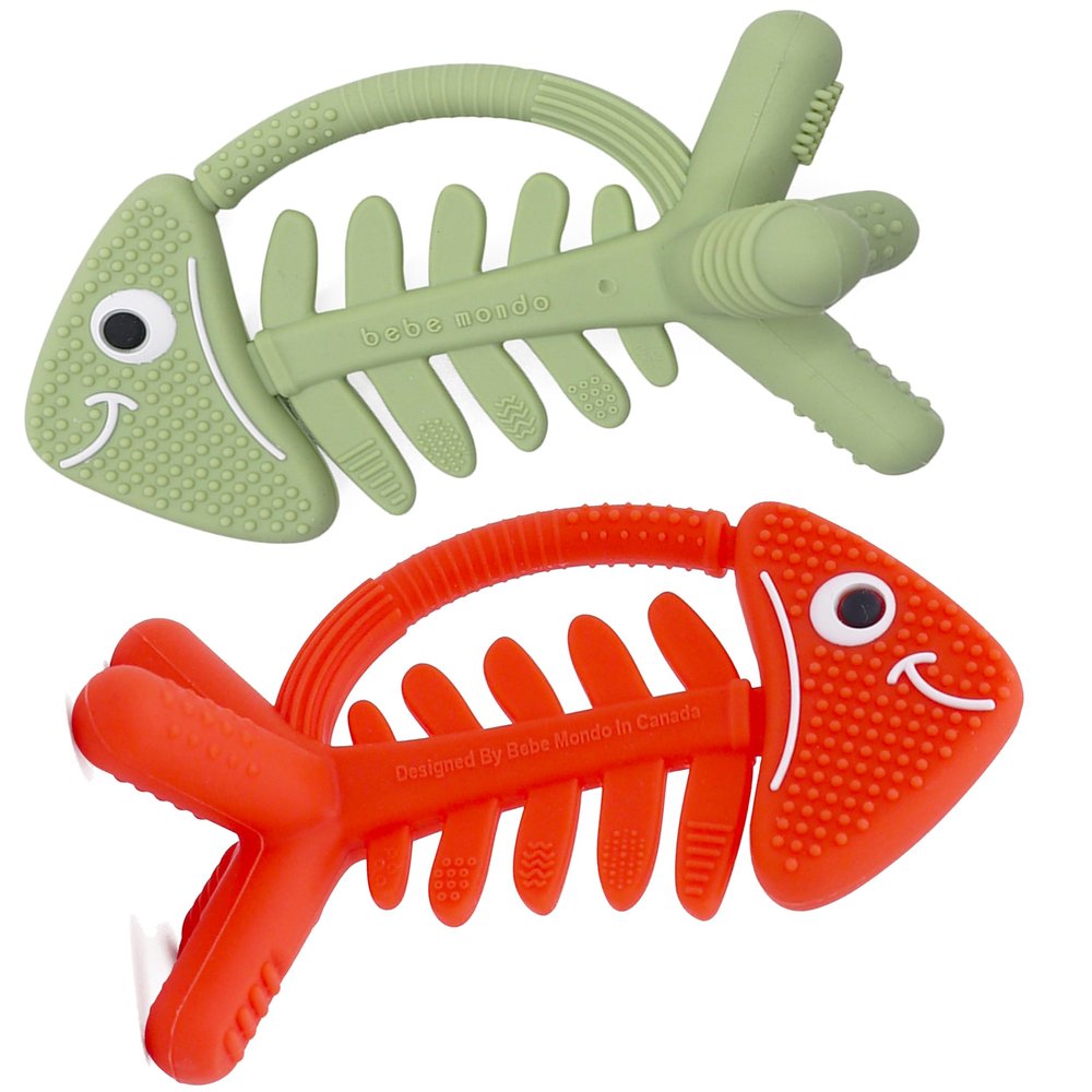 2PCS Baby Teething Toys, Fish Baby Teether Olive & Coral Babies 0-3-6-12-18 Months-USA Patent Pending