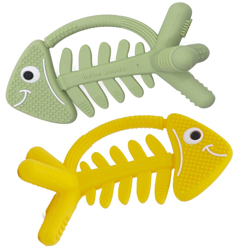 2PCS Baby Teething Toys, Fish Baby Teether Olive & Yellow 0-3-6-12 Months-USA Patent Pending