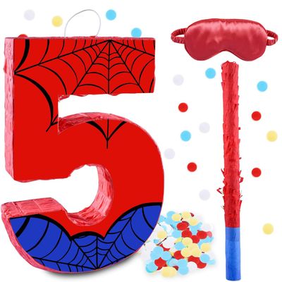 16 Inch Number 5 Spider Pinata with 16 Inch Piata Stick Blindfold Confetti for Boy Girl Kids 5th Birthday Party Decorations (5th)