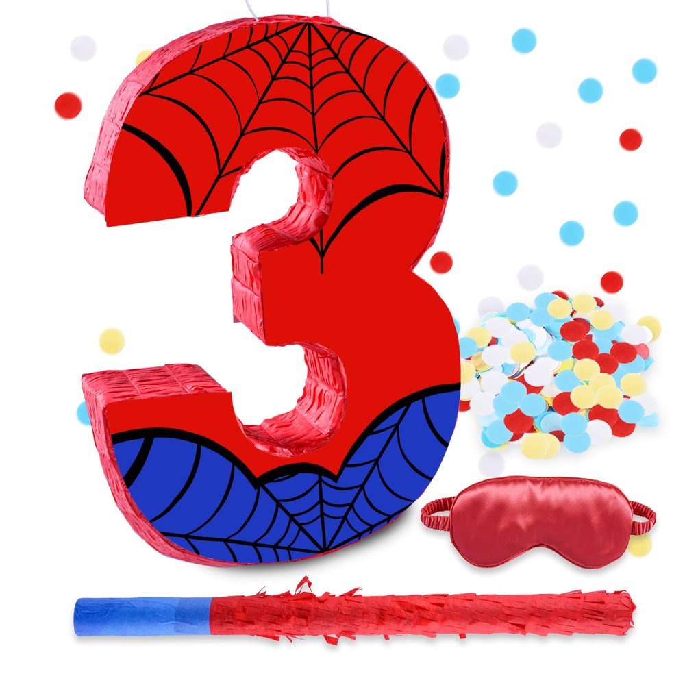 16 Inch Number 3 Spider Web Pinata with 16 Inch Piata Stick Blindfold Confetti for Boy Girl Kids 3rd Birthday Party Decorations (3rd)