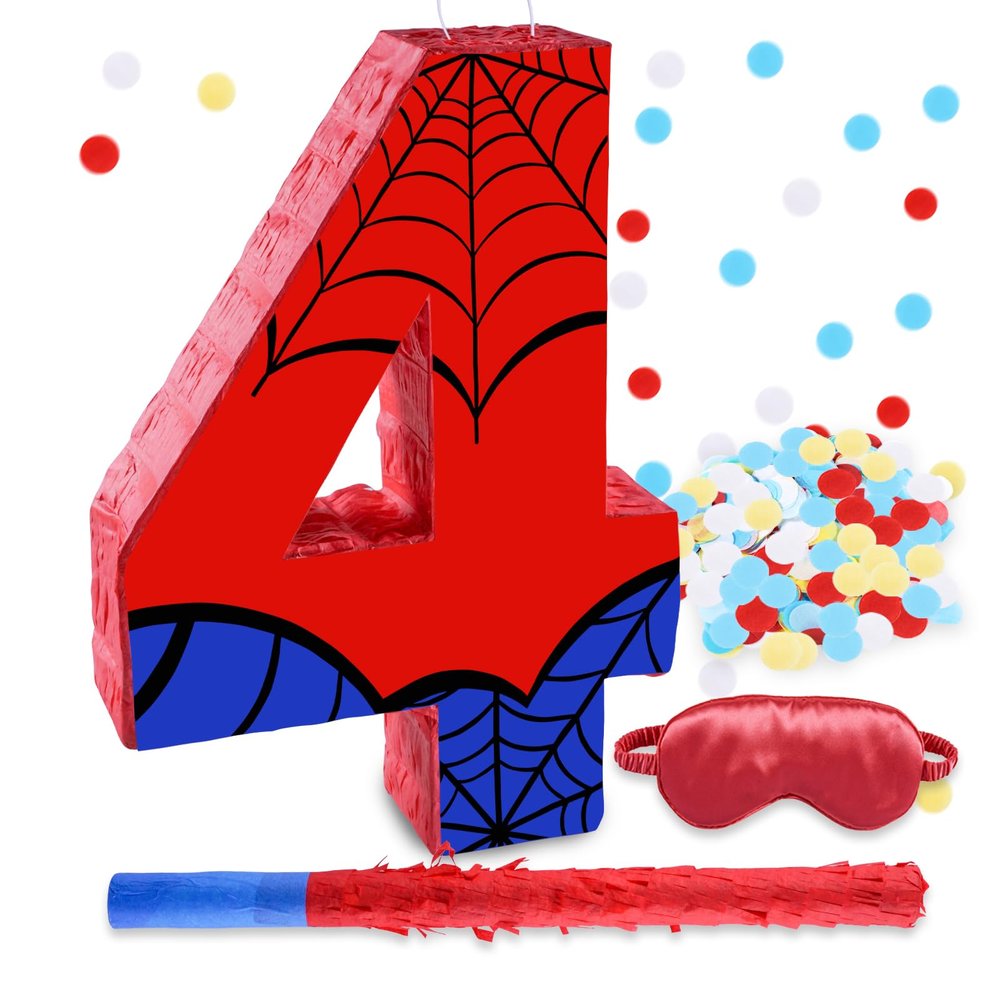 16 Inch Number 4 Spider Web Pinata with 16 Inch Piata Stick Blindfold Confetti for Boy Girl Kids 4th Birthday Party Decorations (4th)