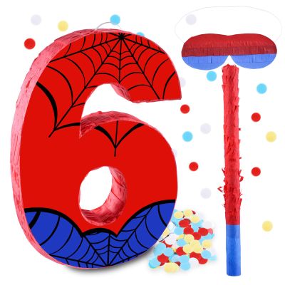 16 Inch Number 6 Spider Pinata with 16 Inch Piata Stick Blindfold Confetti for Boy Girl Kids 6th Birthday Party Decorations (6th)