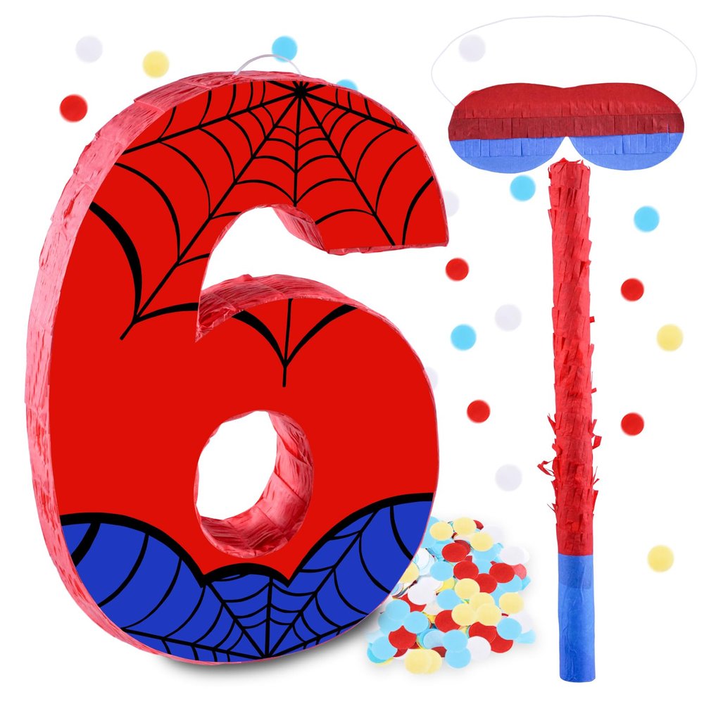 16 Inch Number 6 Spider Pinata with 16 Inch Piata Stick Blindfold Confetti for Boy Girl Kids 6th Birthday Party Decorations (6th)