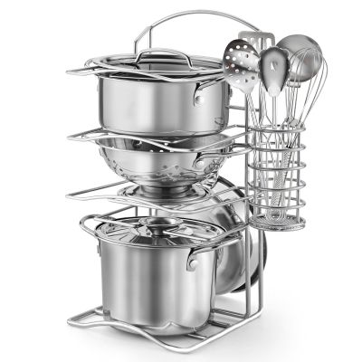 12Pcs Kids Pretend Play Kitchen Accessories Toy Stainless Steel Metal Pots and Pans Playset with Rack Mud Kitchen Accessories Toy Pots and Pans for Kids Toddler Age 3 Years Old