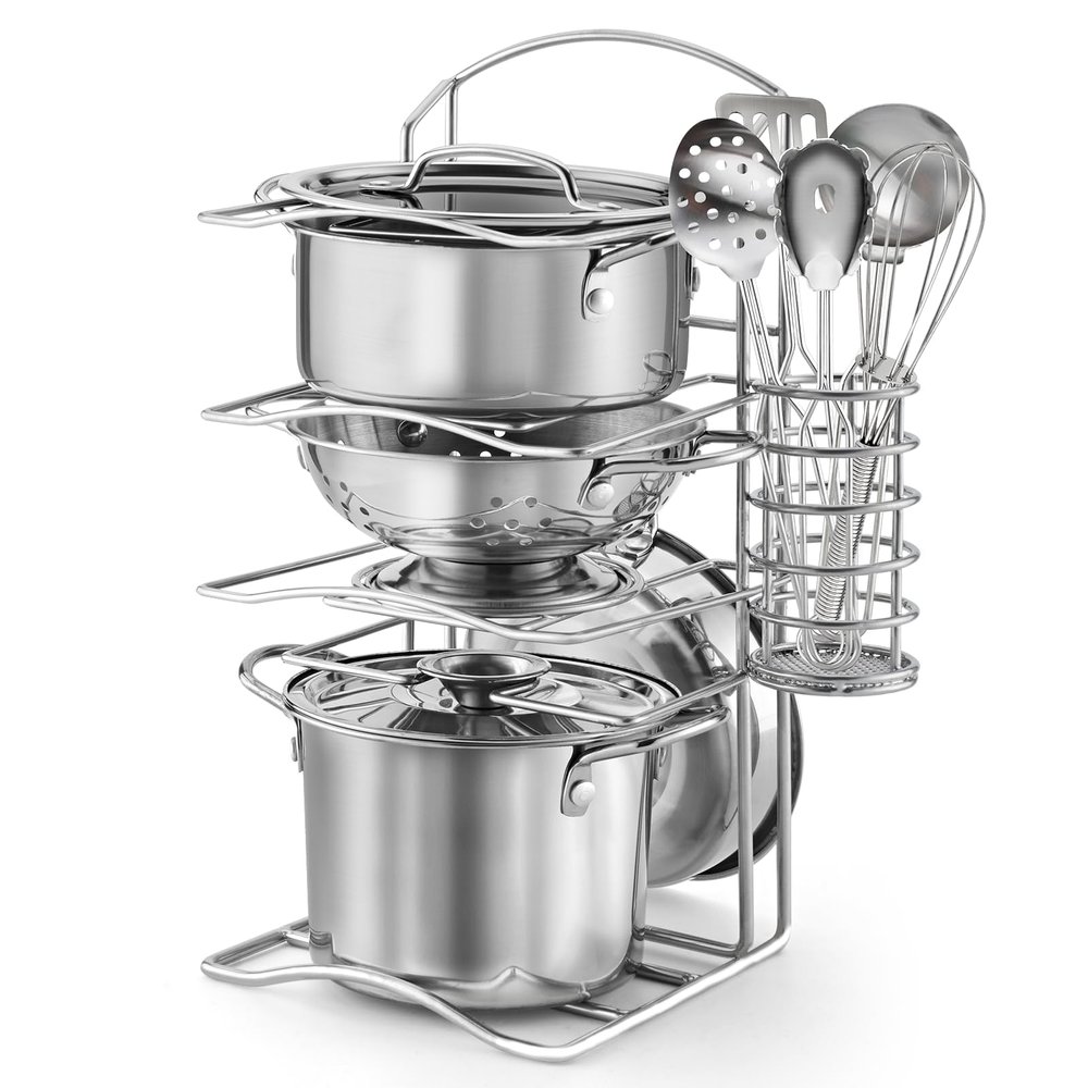 12Pcs Kids Pretend Play Kitchen Accessories Toy Stainless Steel Metal Pots and Pans Playset with Rack Mud Kitchen Accessories Toy Pots and Pans for Kids Toddler Age 3 Years Old