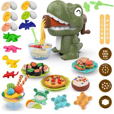 Dinosaur Noodle Maker Play Dough Set for Kids 3-8, Pattheboo 36 PCS Kitchen Toys with Dinosaur Egg Molds, Color Dough for Noodles, Ice Cream & Cookies, Birthday Gift for Boys & Girls