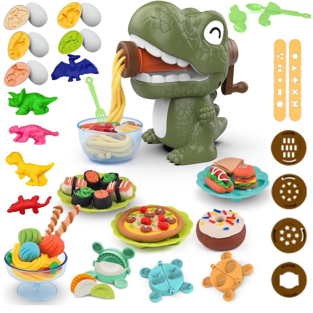 Dinosaur Noodle Maker Play Dough Set for Kids 3-8, Pattheboo 36 PCS Kitchen Toys with Dinosaur Egg Molds, Color Dough for Noodles, Ice Cream & Cookies, Birthday Gift for Boys & Girls