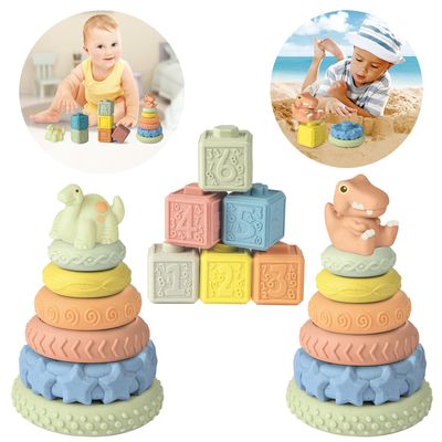 12 PCS Wheat Straw Baby Toys More Than 6 Months, Soft Squeeze Building Blocks Stacking Toys (12PCS-56)