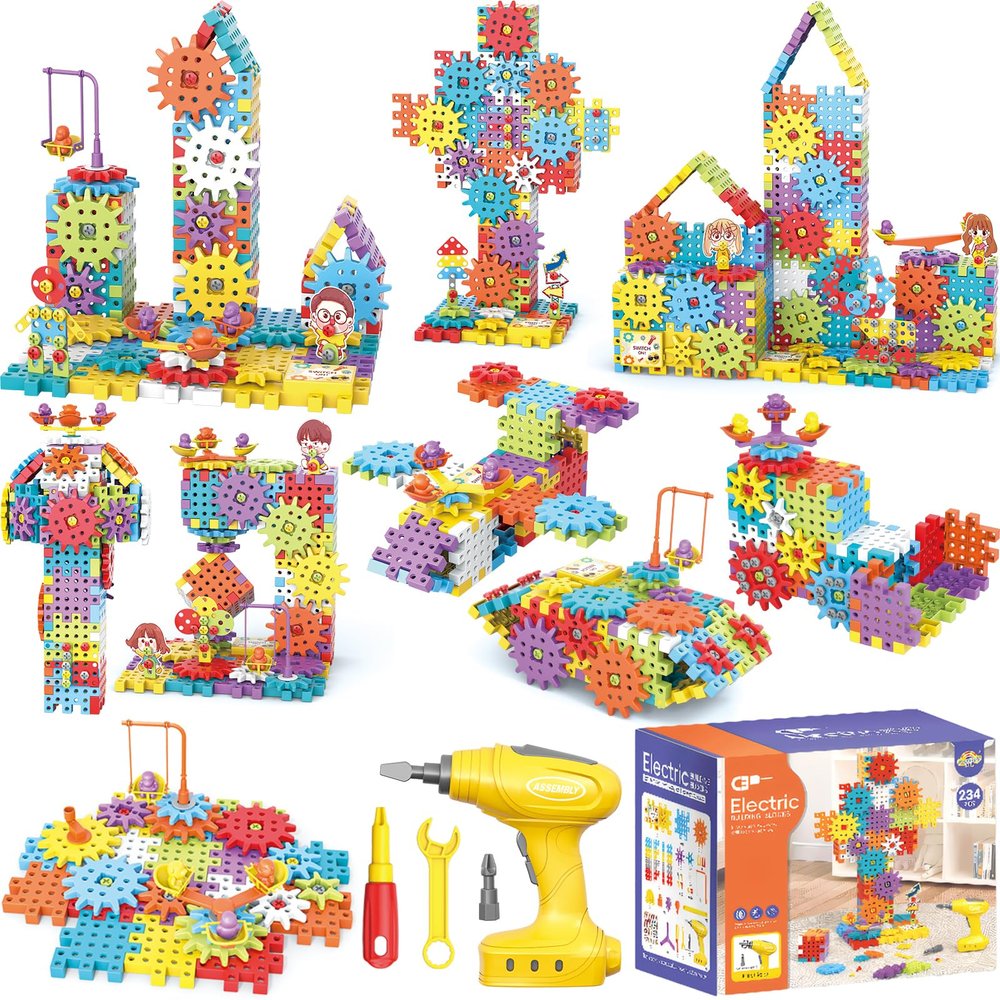234Pcs Electric Montessori Building Blocks for Toddlers 3-5 4-8, Motorized Gear Construction Toy with Power Drill, STEM Educational Learning Set for Kids, DIY Moving Models, Birthday Gift for Boys