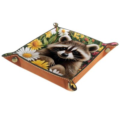 PU Leather DND Dice Trays Portable Dice Rolling Tray Large Storage Tray for Desktop Storage and RPG Board Games, Raccoon Daisies
