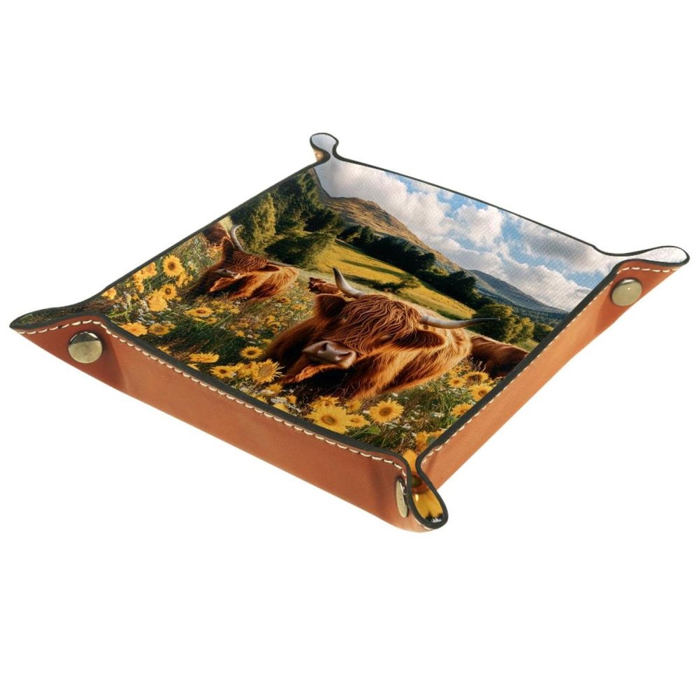 PU Leather DND Dice Trays Portable Dice Rolling Tray Large Storage Tray for Desktop Storage and RPG Board Games, Cows Sunflowers