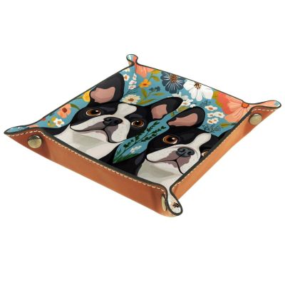 PU Leather DND Dice Trays Portable Dice Rolling Tray Large Storage Tray for Desktop Storage and RPG Board Games, Boston Terrier Dogs Florals
