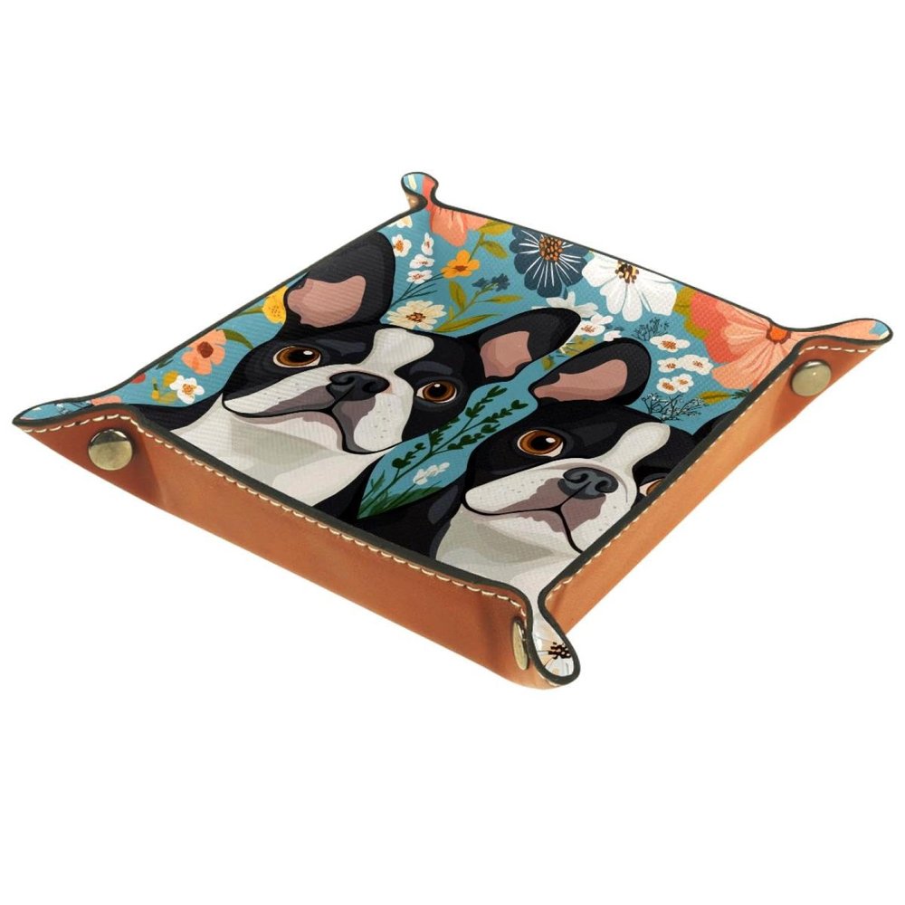 PU Leather DND Dice Trays Portable Dice Rolling Tray Large Storage Tray for Desktop Storage and RPG Board Games, Boston Terrier Dogs Florals