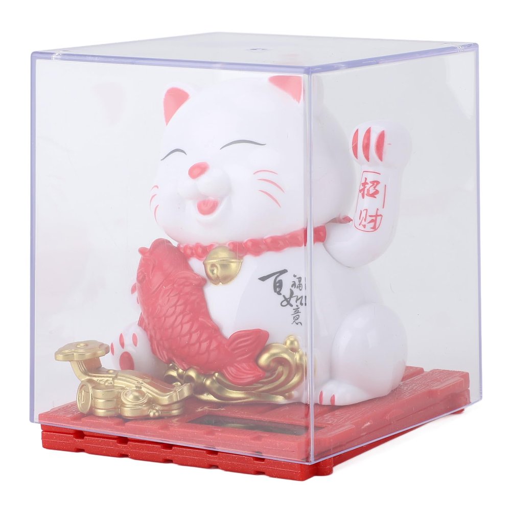 Solar Waving Cat, Lucky Cat, Solar Powered Waving Cat for Desk Car Home, Energy Saving Cat Sculpture (White)