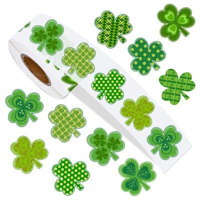 1000Pcs St. Patrick's Day Stickers Roll Shamrock Clover Paper Decals 10 Designs Green Sparkly Decorative Adhesive Seal Sticker for Envelope Decor Party Supplies