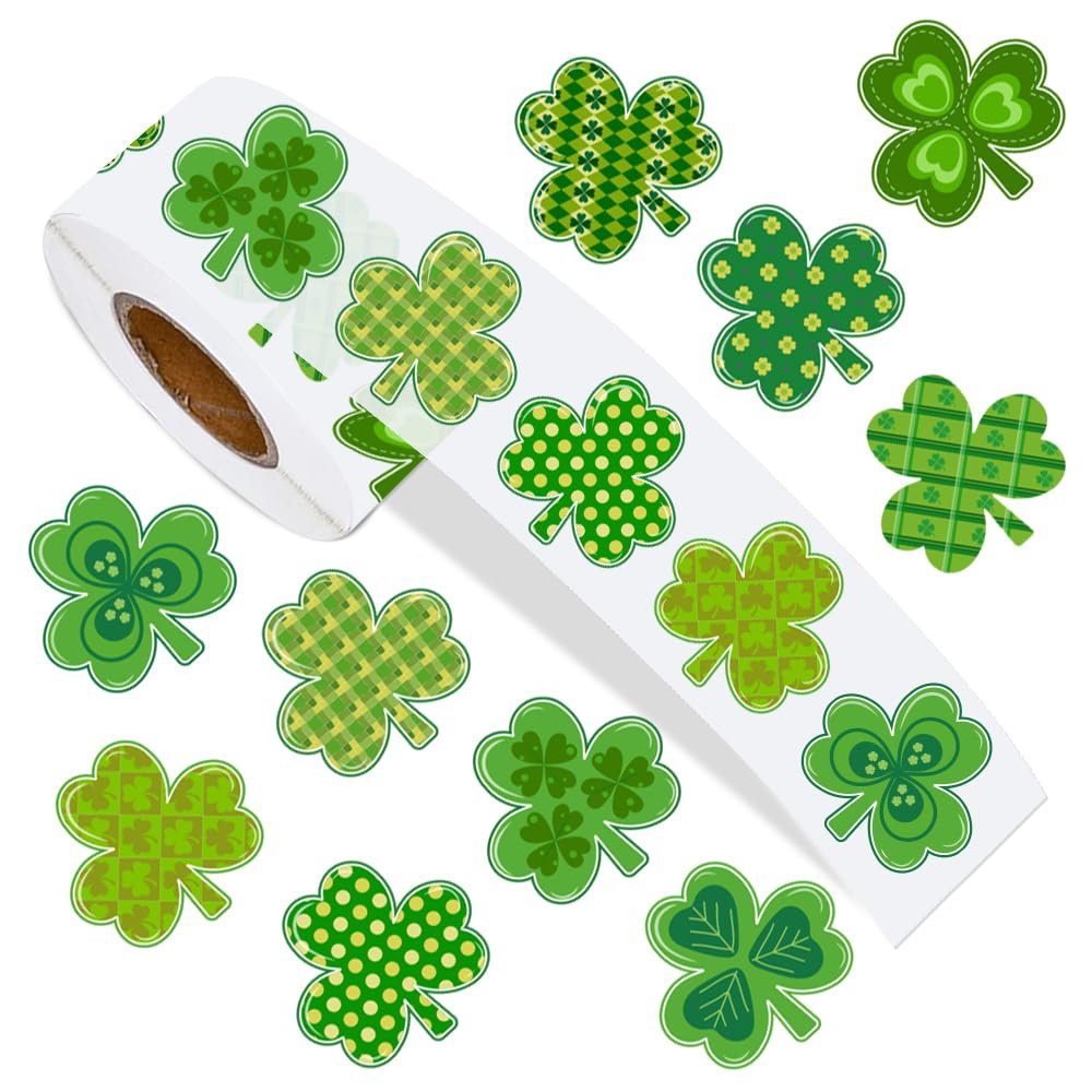 1000Pcs St. Patrick's Day Stickers Roll Shamrock Clover Paper Decals 10 Designs Green Sparkly Decorative Adhesive Seal Sticker for Envelope Decor Party Supplies