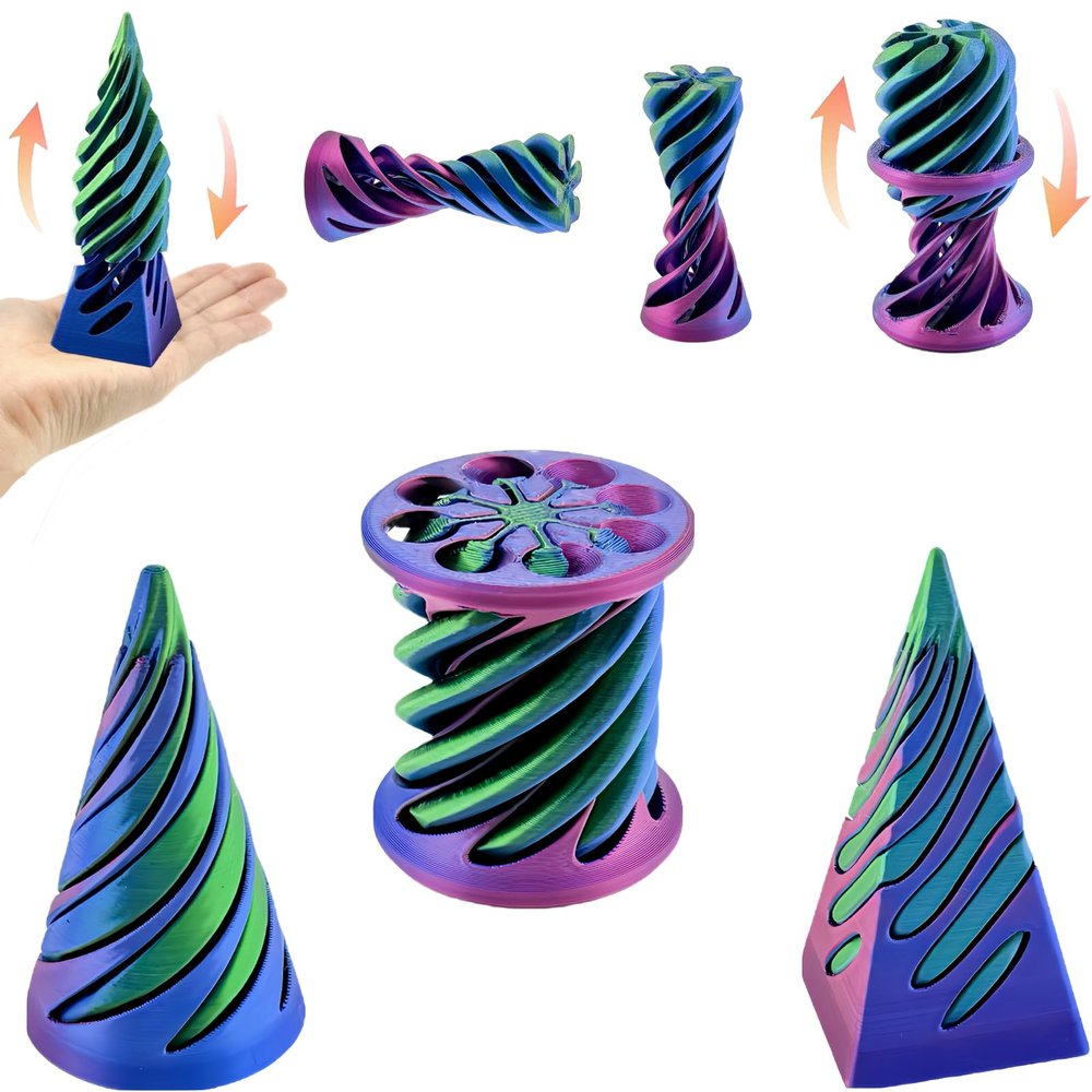 3 Packs Impossible Cone, Spiral Cone Fidget Toy 3D Printed Spiral Cone Toy, Pyramid Passthrough Sculpture, Mini Cones Pass Through Pyramid Fidget Toy for Stress and Anxiety RelaxingPurple green