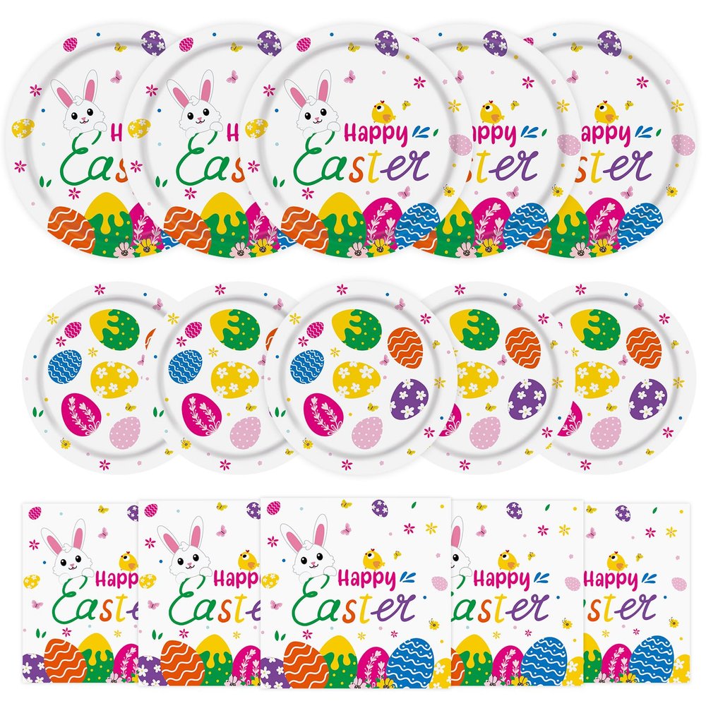 150 Pcs Happy Easter Plates and Napkins - Easte Egg Paper Dinnerware Set, Cute Eastes Rabbit Dinner Dessert Plates Luncheon Napkins Tableware for Easter Activity Party Supplies Table Decor, Serves 50