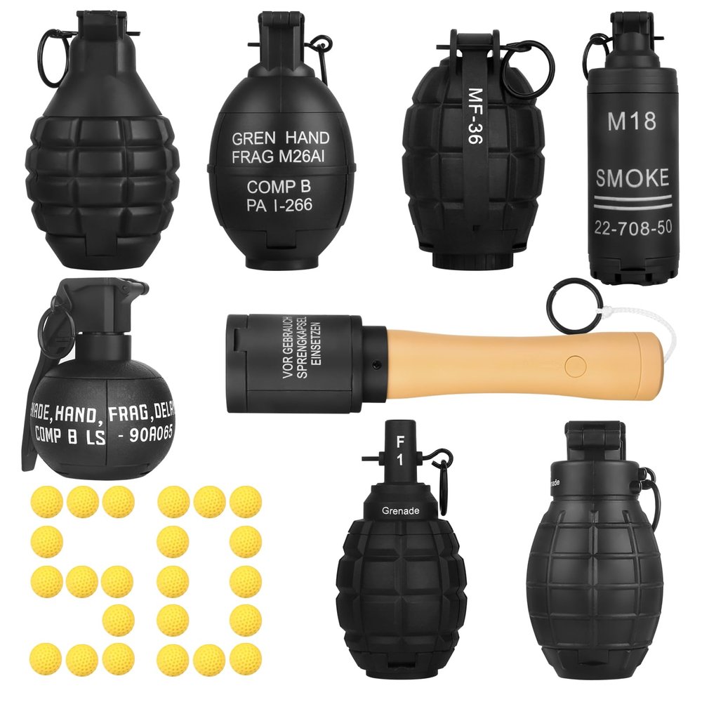 Tactical Toy-Grenade for CS Battle Game,8Pcs Fall Resistant Refillable Fun Impact,Hand Fake Grenade Toy with 100 Foam Ammo for 14+ Outdoor Sport,Black