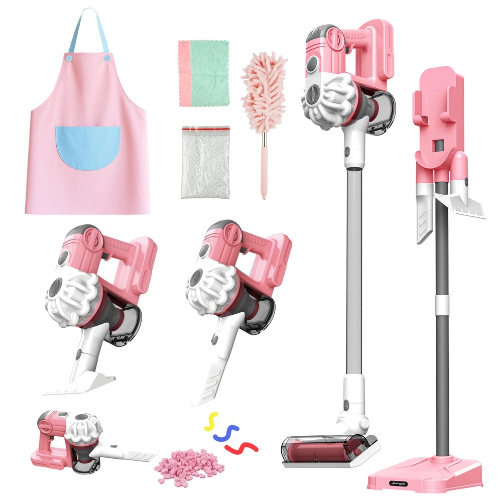 SMILESSKIDDO Kids Vacuum That Really Works - 3-in-1 Toy Vacuum with Real Suction, Apron, Cleaning Cloth, Duster & Colorful Beads, Toddler Cleaning Toy Set, Housekeeping Toy Gifts for Girls & Boys