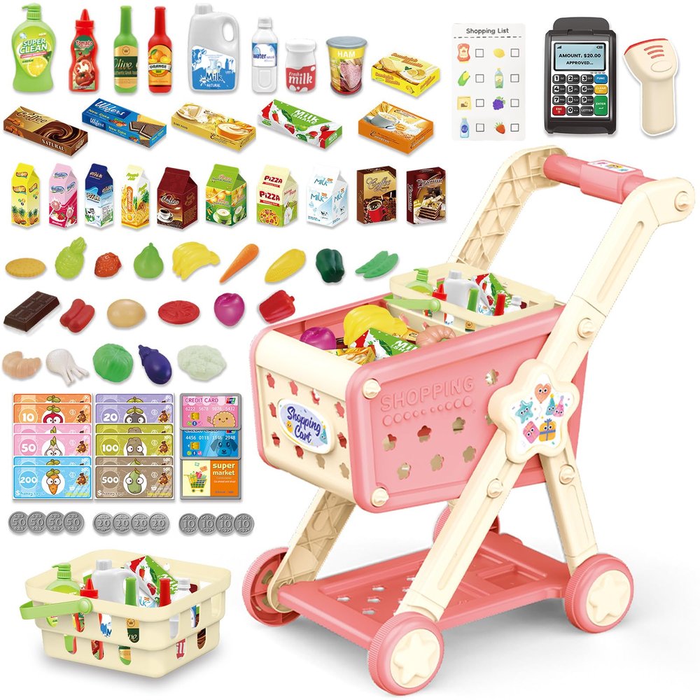 RedCrab Kids Shopping Cart,75PCS Toy Shopping Cart Playset with Food Shop Accessories, Adjustable Shopping Cart Arm,Shopping Basket Grocery Store Games for Ages 3 4 5 67 8+ (Red)