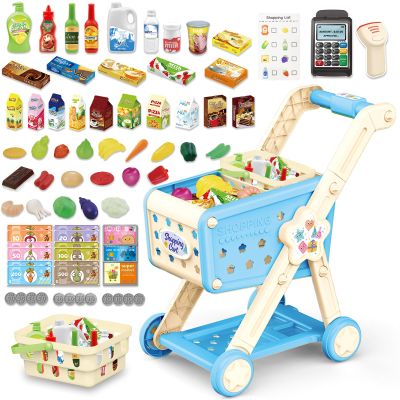 RedCrab Kids Shopping Cart,75PCS Toy Shopping Cart Playset with Food Shop Accessories, Adjustable Shopping Cart Arm,Shopping Basket Grocery Store Games for Ages 3 4 5 67 8+ (Blue)
