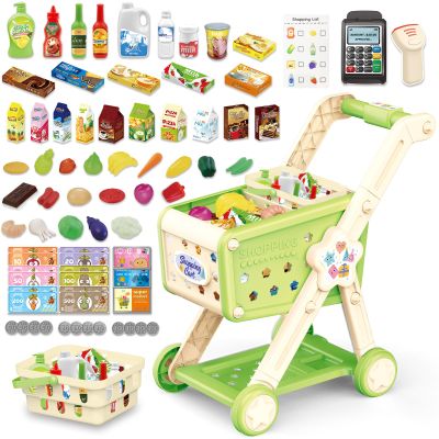 RedCrab Kids Shopping Cart,75PCS Toy Shopping Cart Playset with Food Shop Accessories, Adjustable Shopping Cart Arm,Shopping Basket Grocery Store Games for Ages 3 4 5 67 8+ (Green)