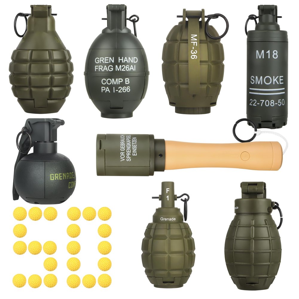 Tactical Toy-Grenade for CS Battle Game,8Pcs Fall Resistant Refillable Fun Impact,Hand Fake Grenade Toy with 100 Foam Ammo for 14+ Outdoor Sport,Green