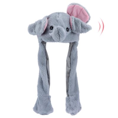 Bubblepompom Elephant Hat with Ears Moving Jumping Pop Up Beating Hat Plush Holiday Cosplay Dress Up Funny Party Gift for Kids Girls, Gray, 22''