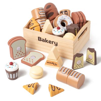 kienvy 10 PCS Bakery Wooden Play Food Set for Kids Kitchen, Wooden Food Cutting Toys, Pretend Play Kitchen Food Toy Accessories with Storage Box, Christmas Birthday Present for Toddlers & Kids Ages 3+