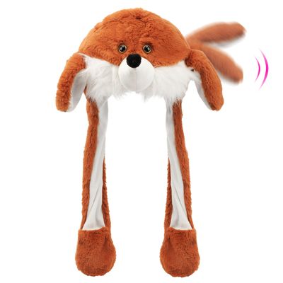 Bubblepompom Fox Hat with Ears Moving Jumping Pop Up Beating Hat Plush Holiday Cosplay Dress Up Funny Party Gift for Kids Boys Girls, Brown, 22''