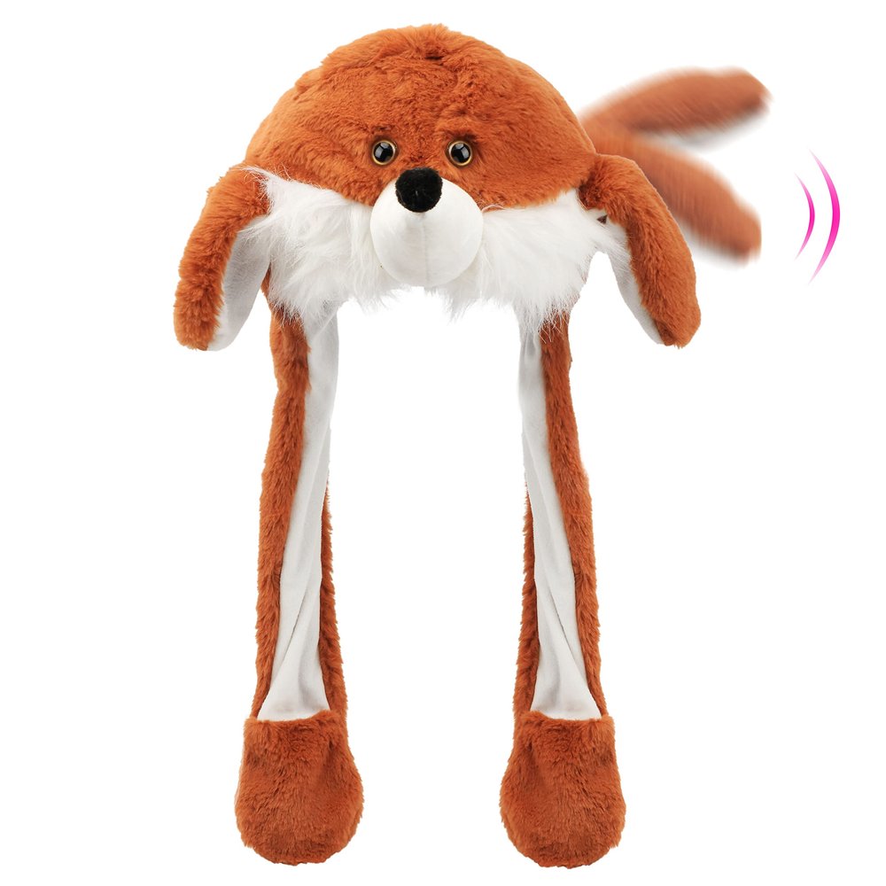 Bubblepompom Fox Hat with Ears Moving Jumping Pop Up Beating Hat Plush Holiday Cosplay Dress Up Funny Party Gift for Kids Boys Girls, Brown, 22''