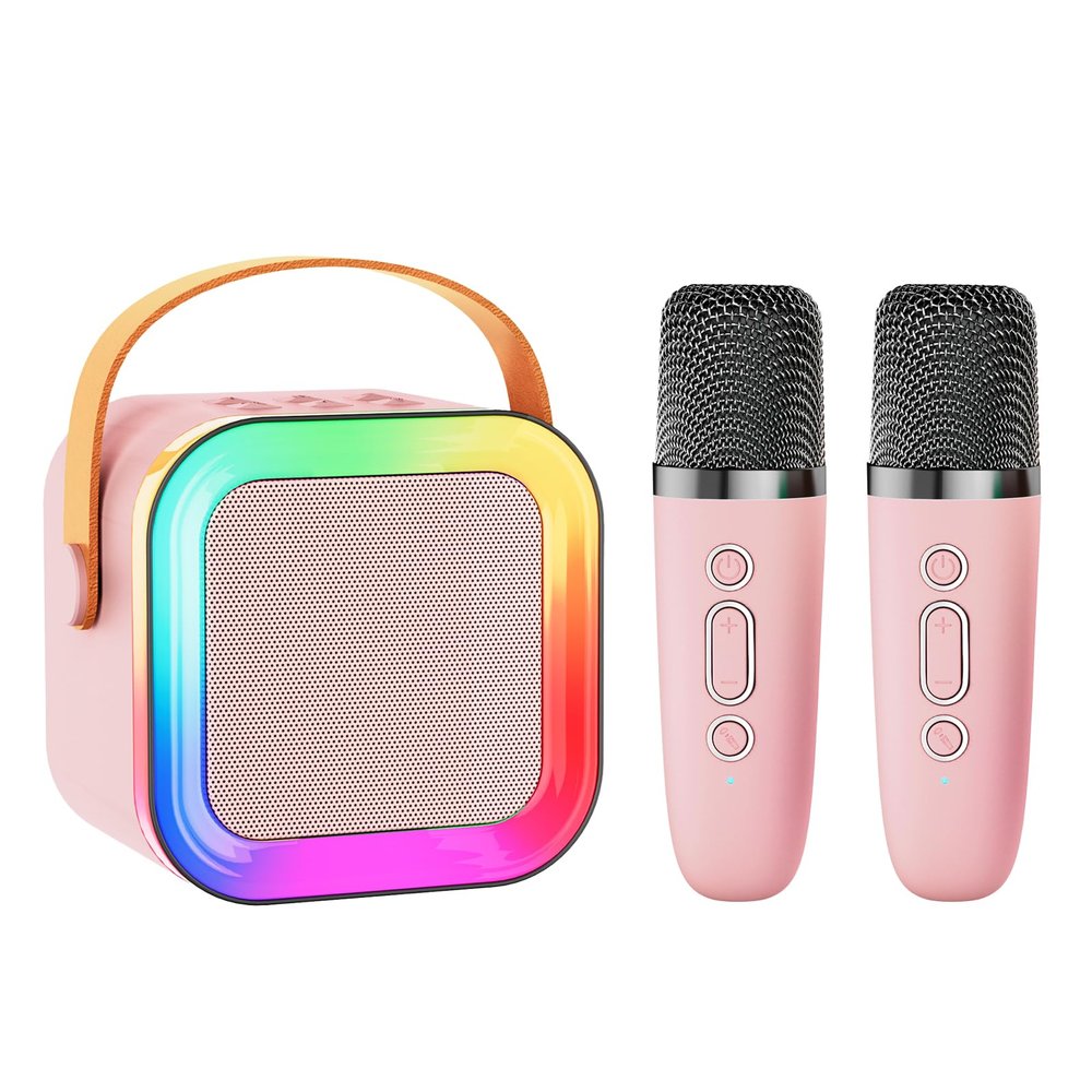 Mini Karaoke Machine Speaker for Kids Adults,Portable Bluetooth with 1-2 Wireless Microphones,Christmas Birthday Gifts Toys Girls Boys Ages 4, 5, 6,7, 8,9,10,11,12+ Years Old Toddler (Pink - 2 Mic)